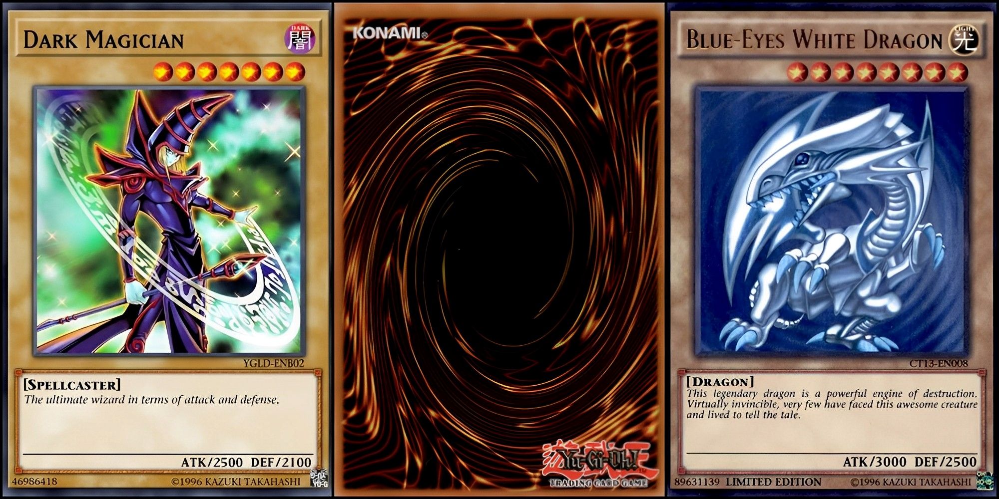 Dark Magician and Blue-Eyes White Dragon beside the back of a Yu-Gi-Oh card