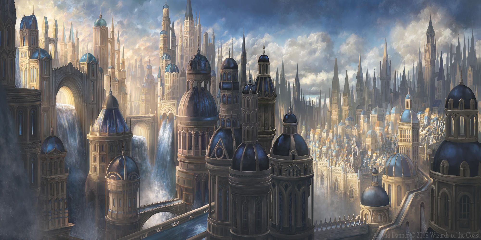 The Azorius Guild Senate buildings glint in the sunlight with waterfalls between them.