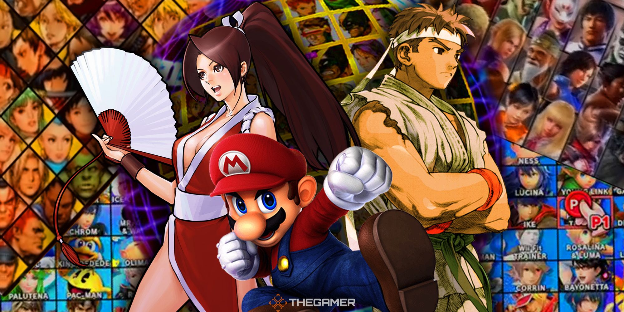 Mai Shiranui, Mario, and Ryu stand in front of a collage of character select screens from some of the most notable fighting games ever made.