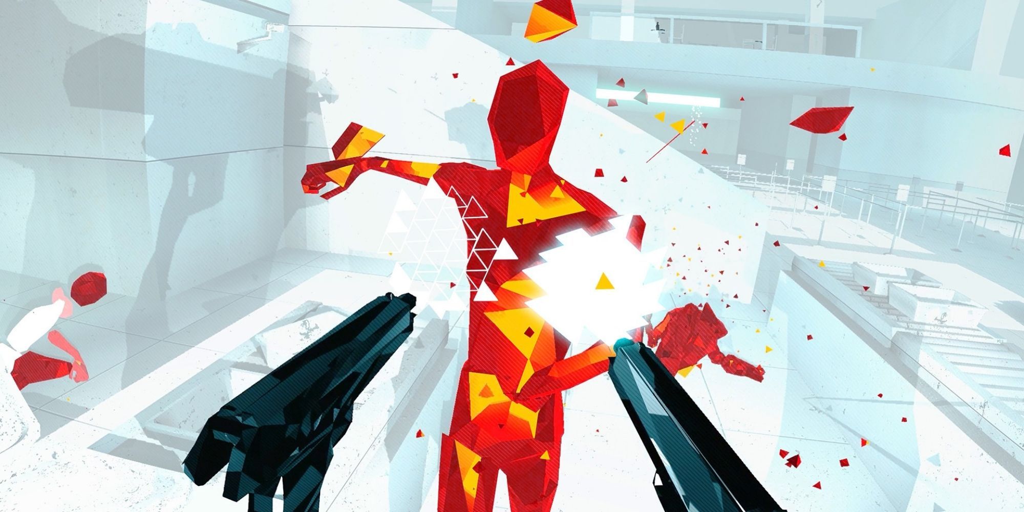 Shooting dual weapons at an incoming enemy in Superhot VR.