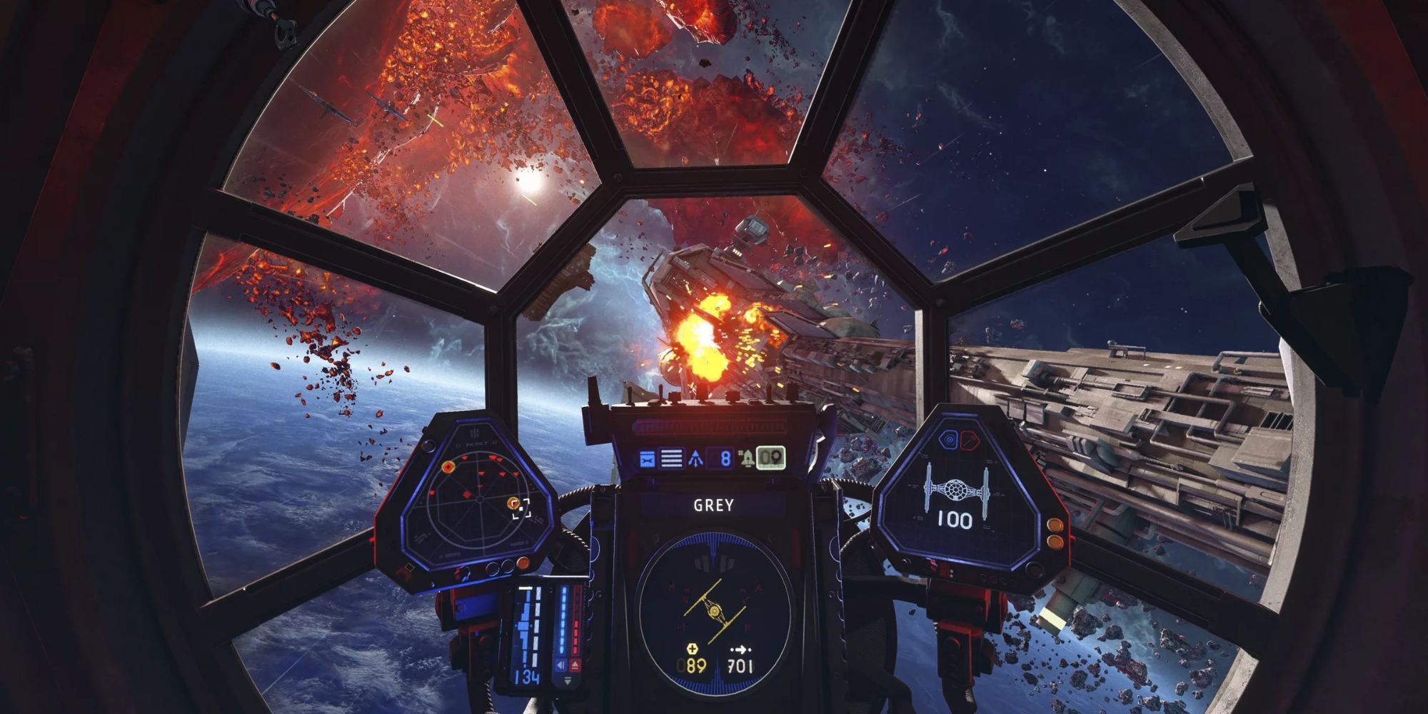 Viewing a space battle through a TIE Fighter cockpit in Star Wars: Squadrons.