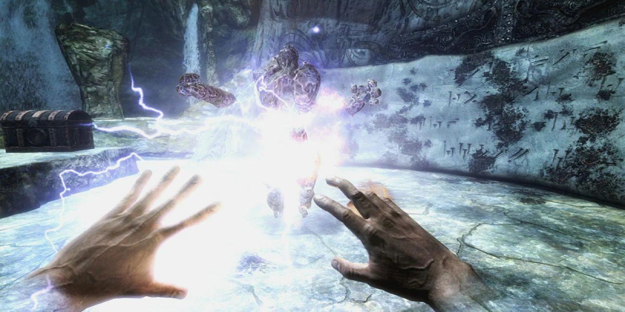 The player uses a spell on a enemy in the snow.