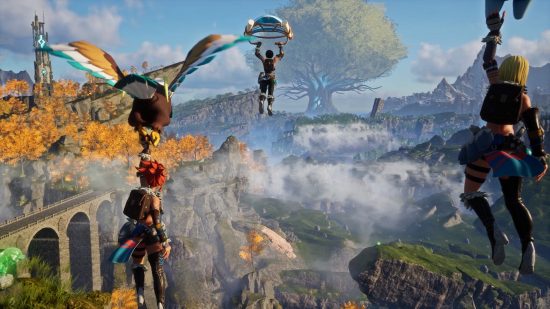 Three players glide across the Palworld map, two of them hanging from the taloned grip of their Pals while a third uses a more traditional glider.