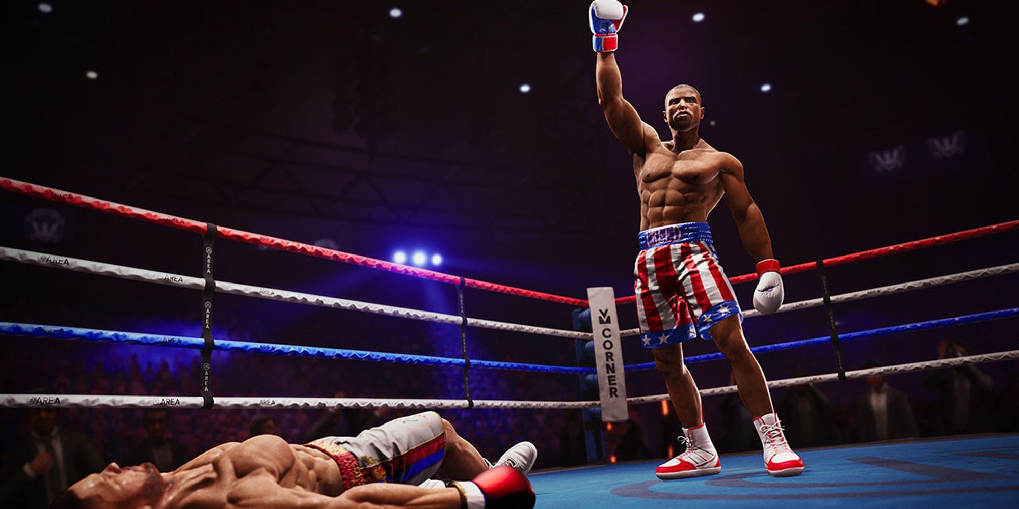 Creed Raising His Arm In Victory Over A Fallen Opponent in Big Rumble Boxing Creed Champions.