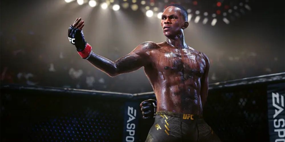 A sweaty fighter posing in the ring in UFC 5.