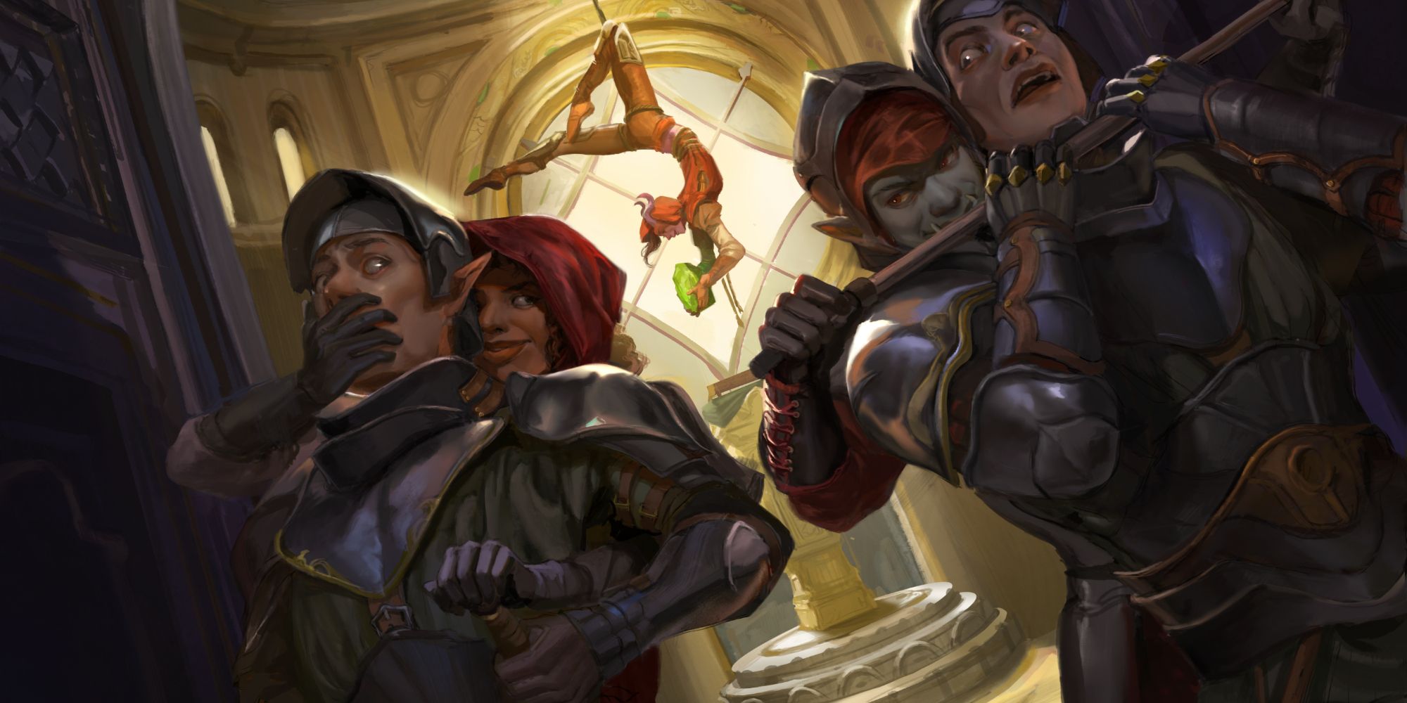 Dungeons & Dragons Keys from the Golden Vault art by Evyn Fong showing two characters hold guards hostage while another steals a treasure.