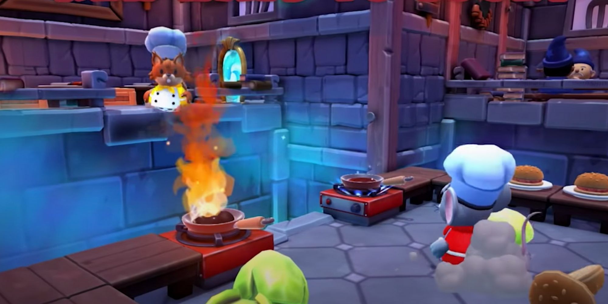 A character burning a dish in Overcooked 2.