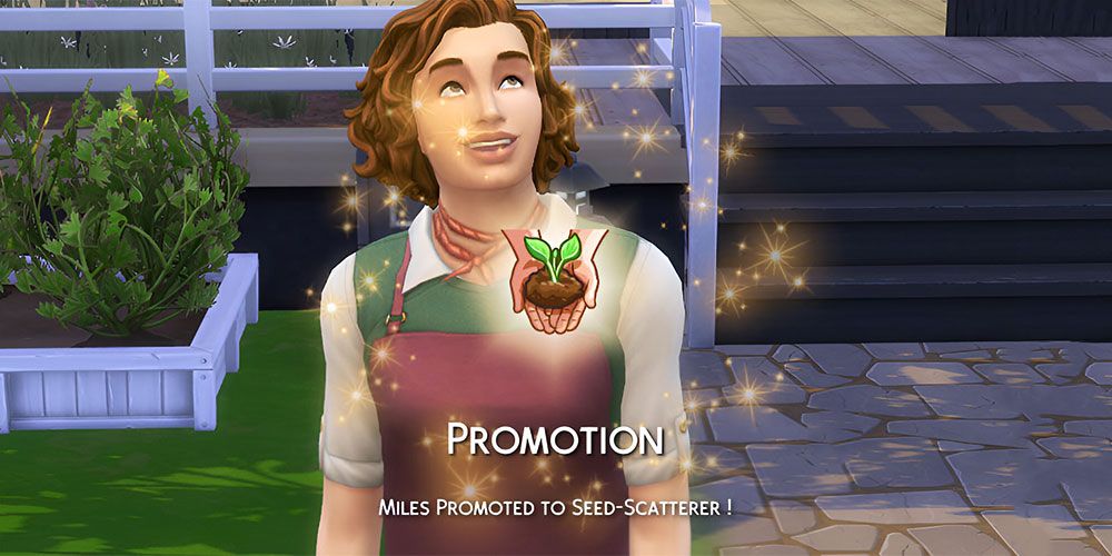 A male Sim is happy about being promoted in the Gardener Career in The Sims 4