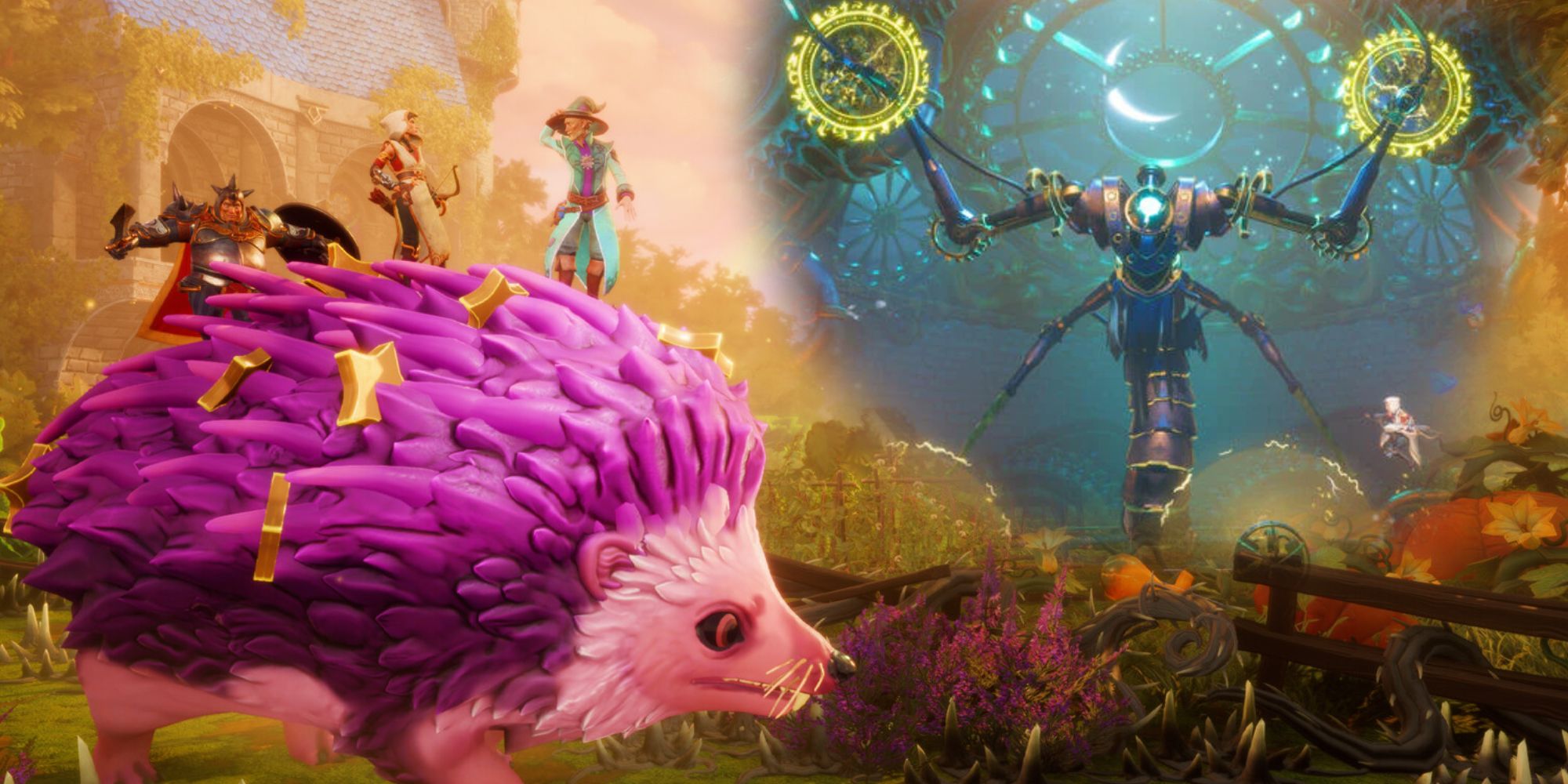 Trine 5 A Clockwork Conspiracy opening screen screenshot with quick boss giant hedgehog