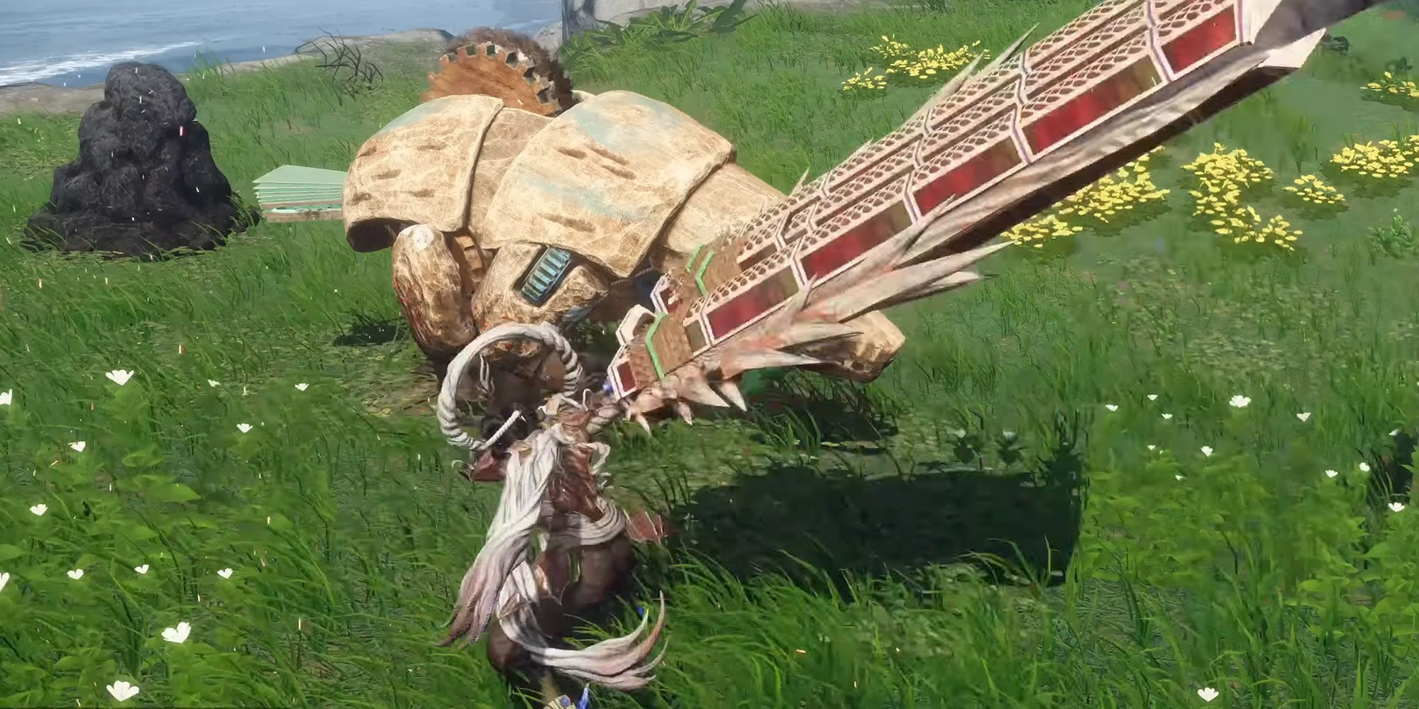 Wild Hearts - Close Up On Player Using Juggernaut Blade Against Training Dummy Bear