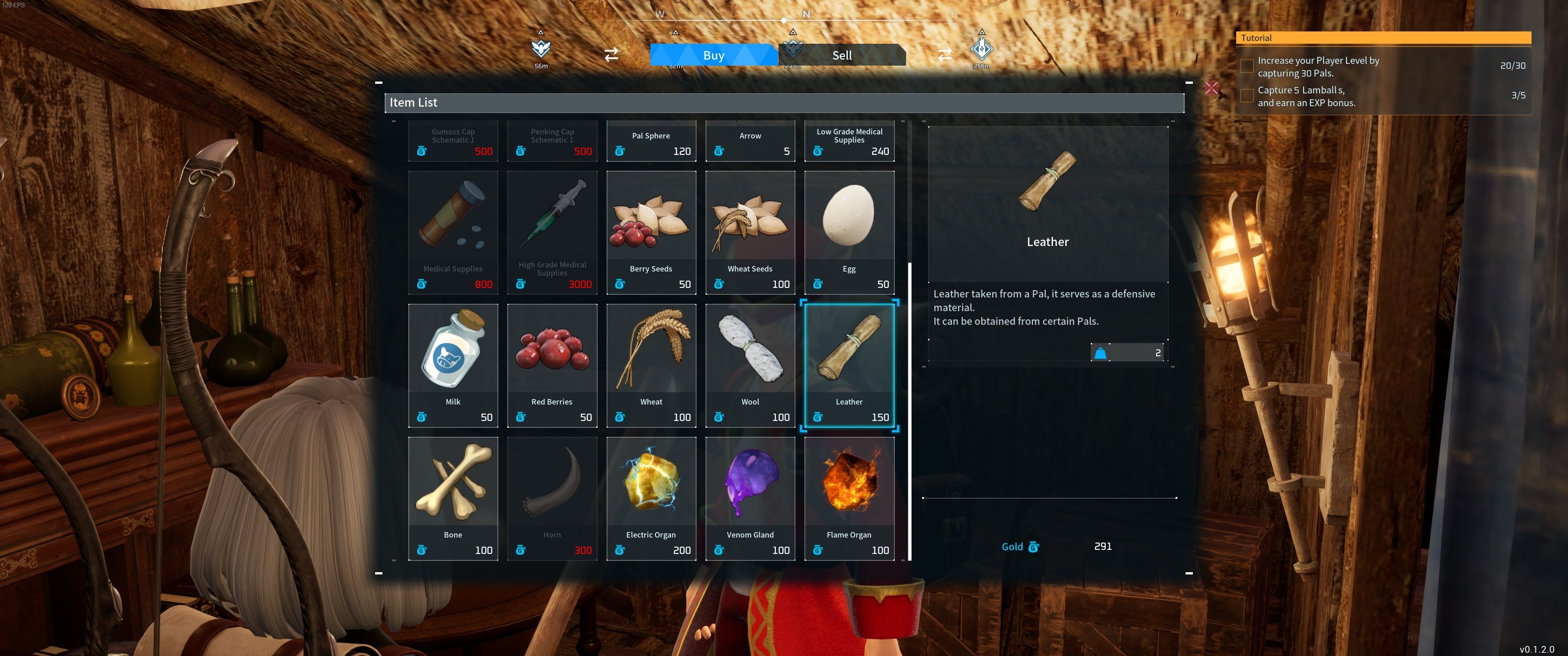 Palworld: An image of the Merchant shop menu with Leather highlighted in the shop screen