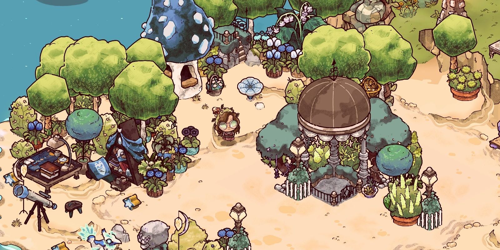 Cozy Grove Player Standing On Beach Plot Beside Starlit Gazebo And Mushroom House With Telescope And Wishing Trees