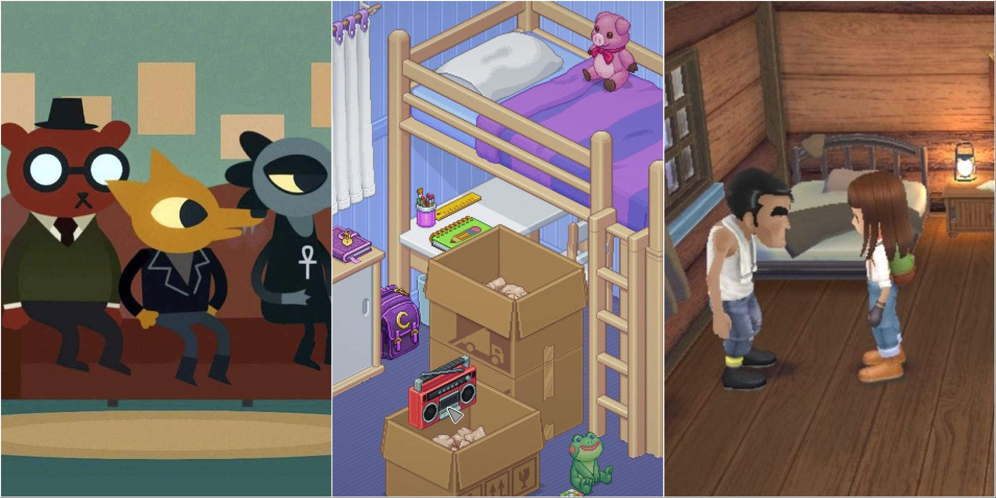 From left to right: Night in the Woods, Unpacking, Story of Seasons: A Wonderful Life