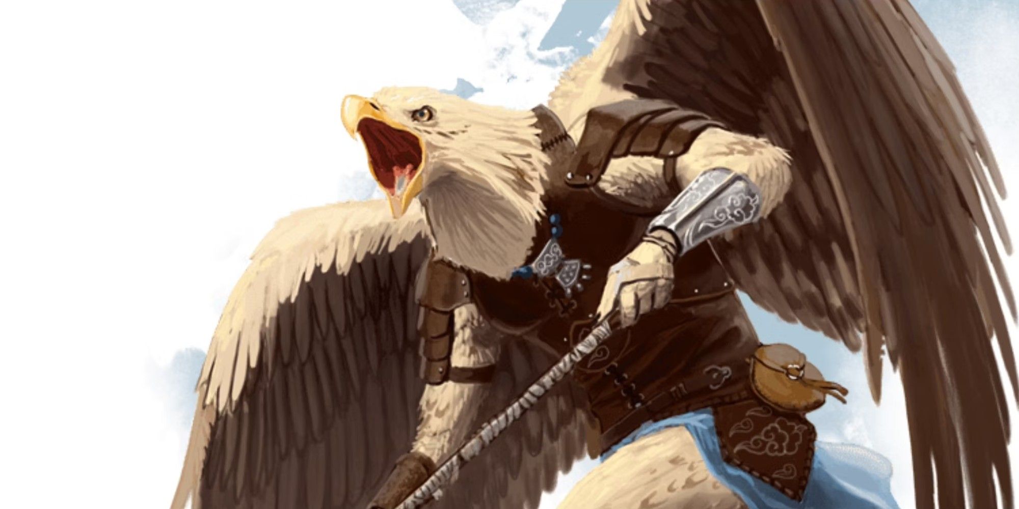 Dungeons & Dragons an aarakocra warrior inspired by an eagle holds a weapon while letting out a screech.