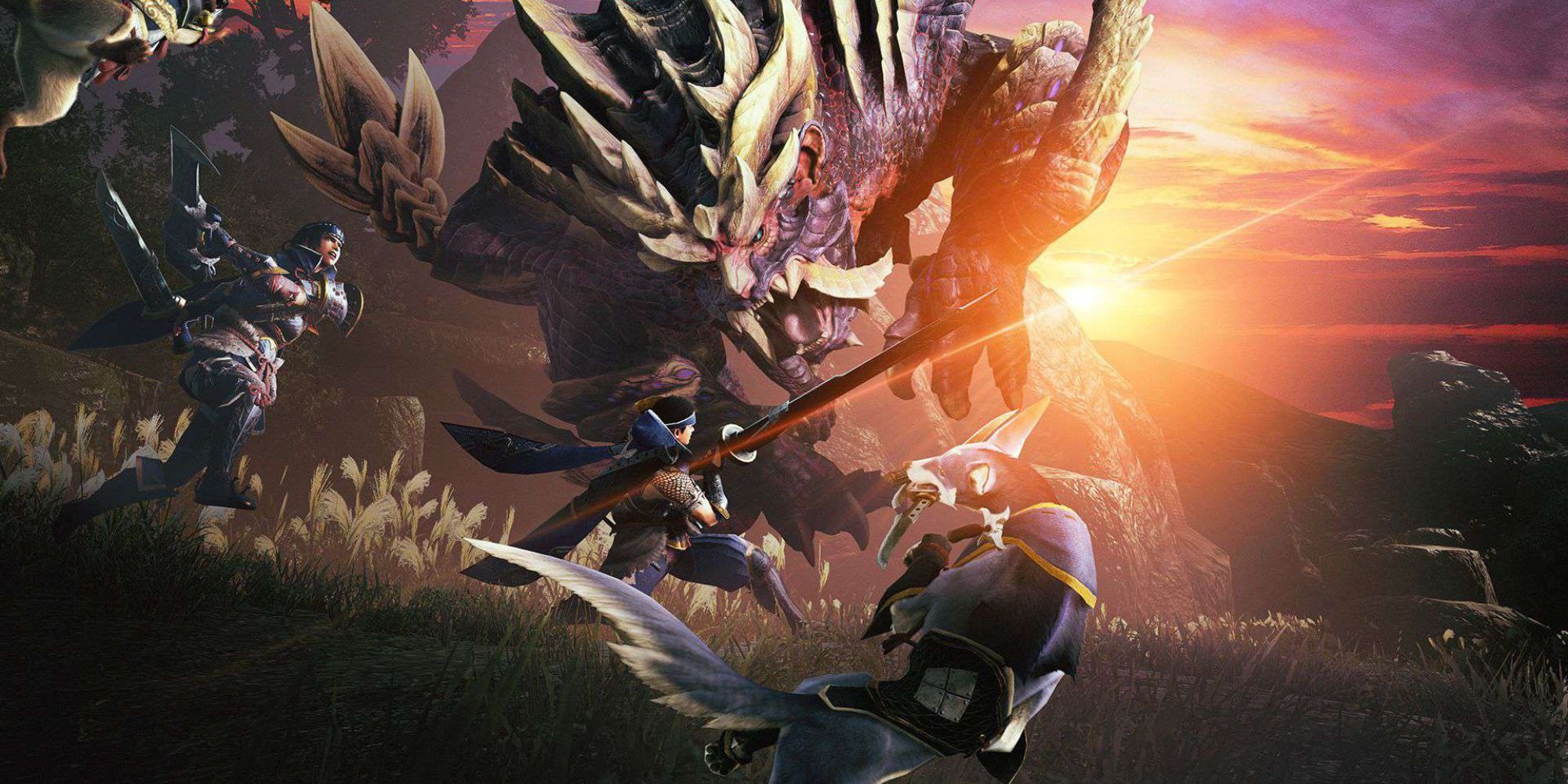 Monster Hunter Rise characters fighting a giant scaly monster.