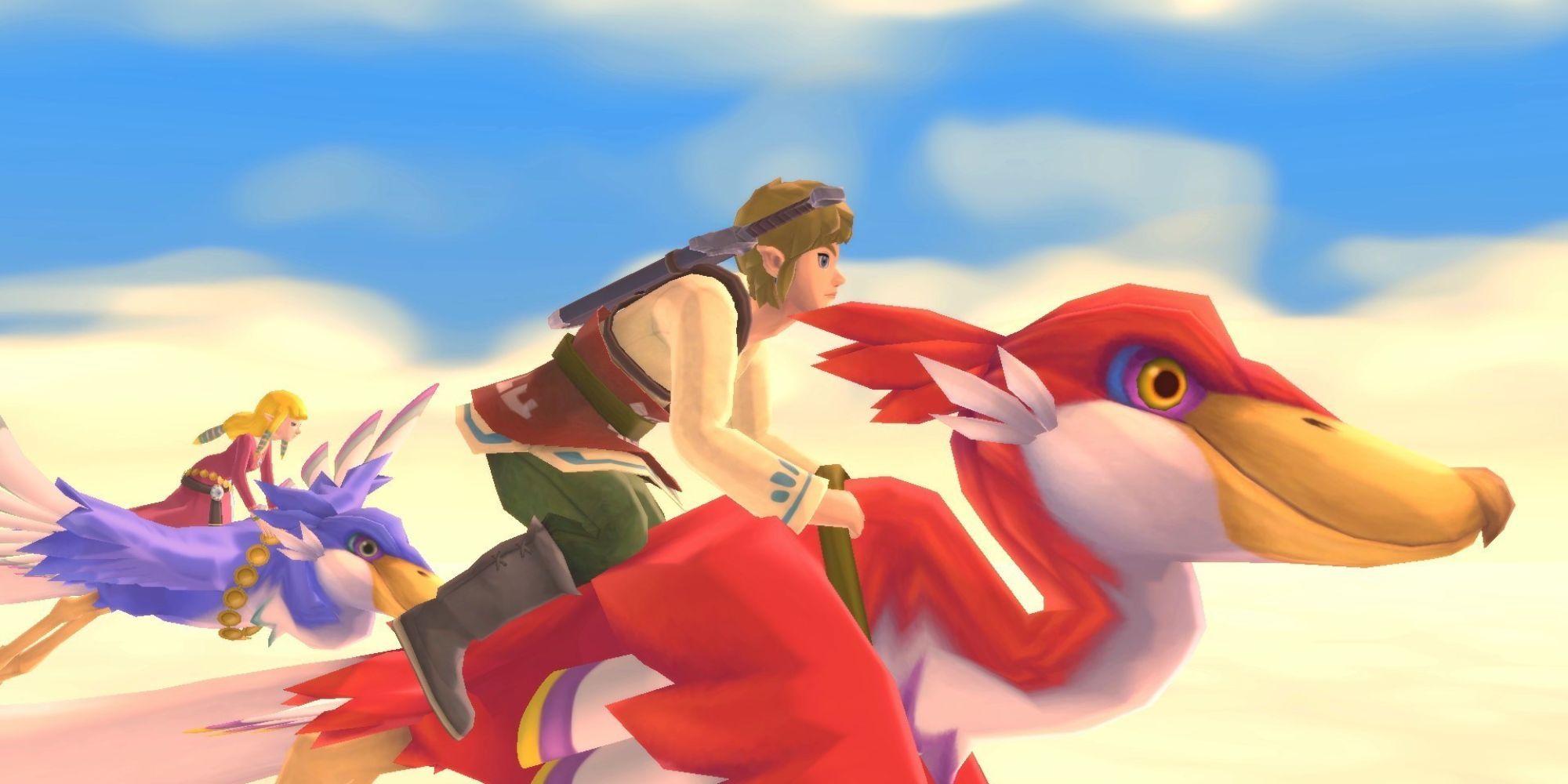 Link and Zelda ride Loftwings together in the sky.