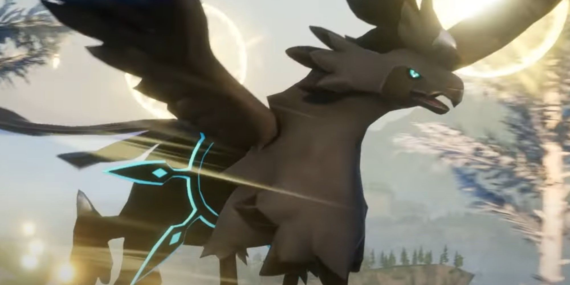 Palworld: Shadowbeak flying through the air under the sun