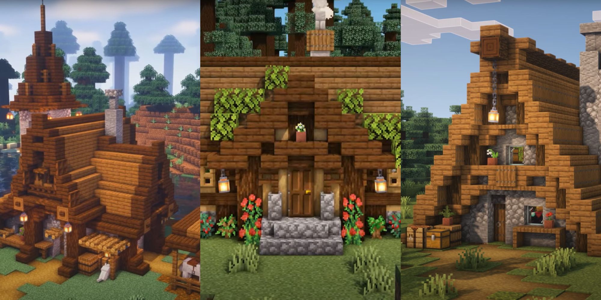 A split image from Minecraft featuring three different starter homes, that are all created with wood and modeled in different styles.