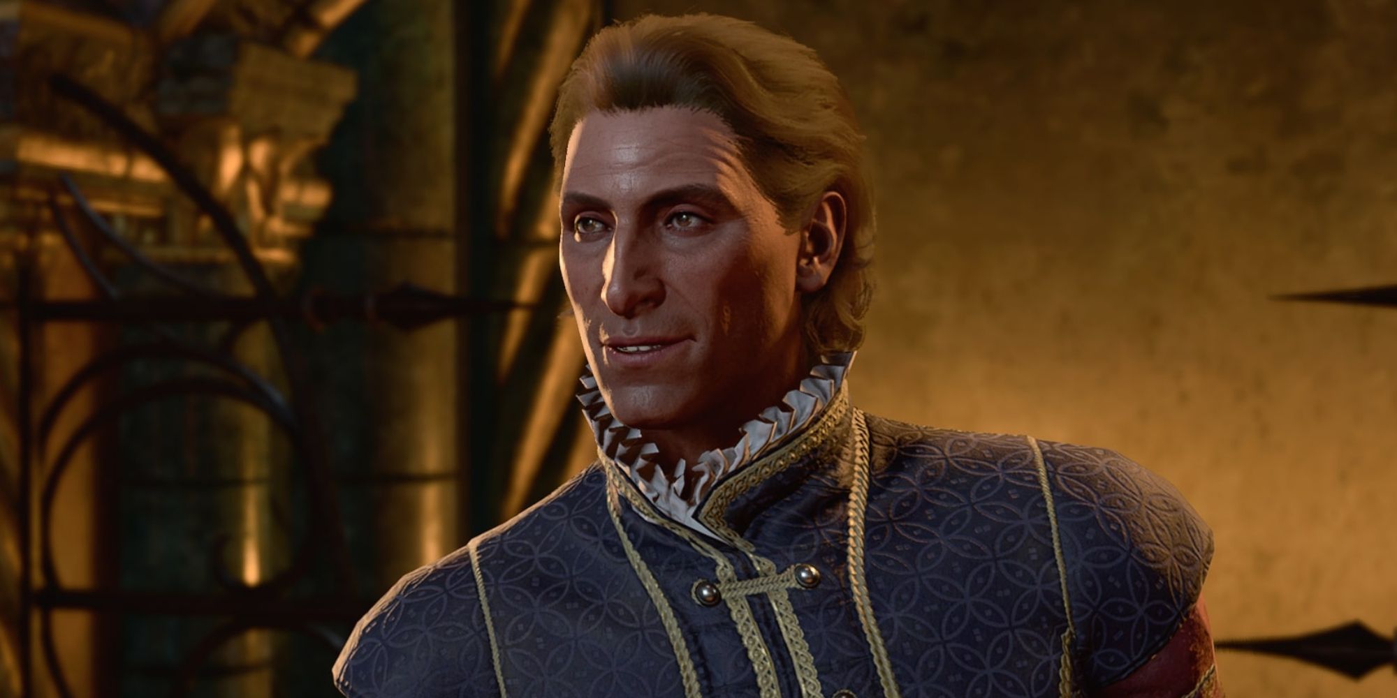 Raphael in his human form in front of an open fireplace in Baldur's Gate 3.