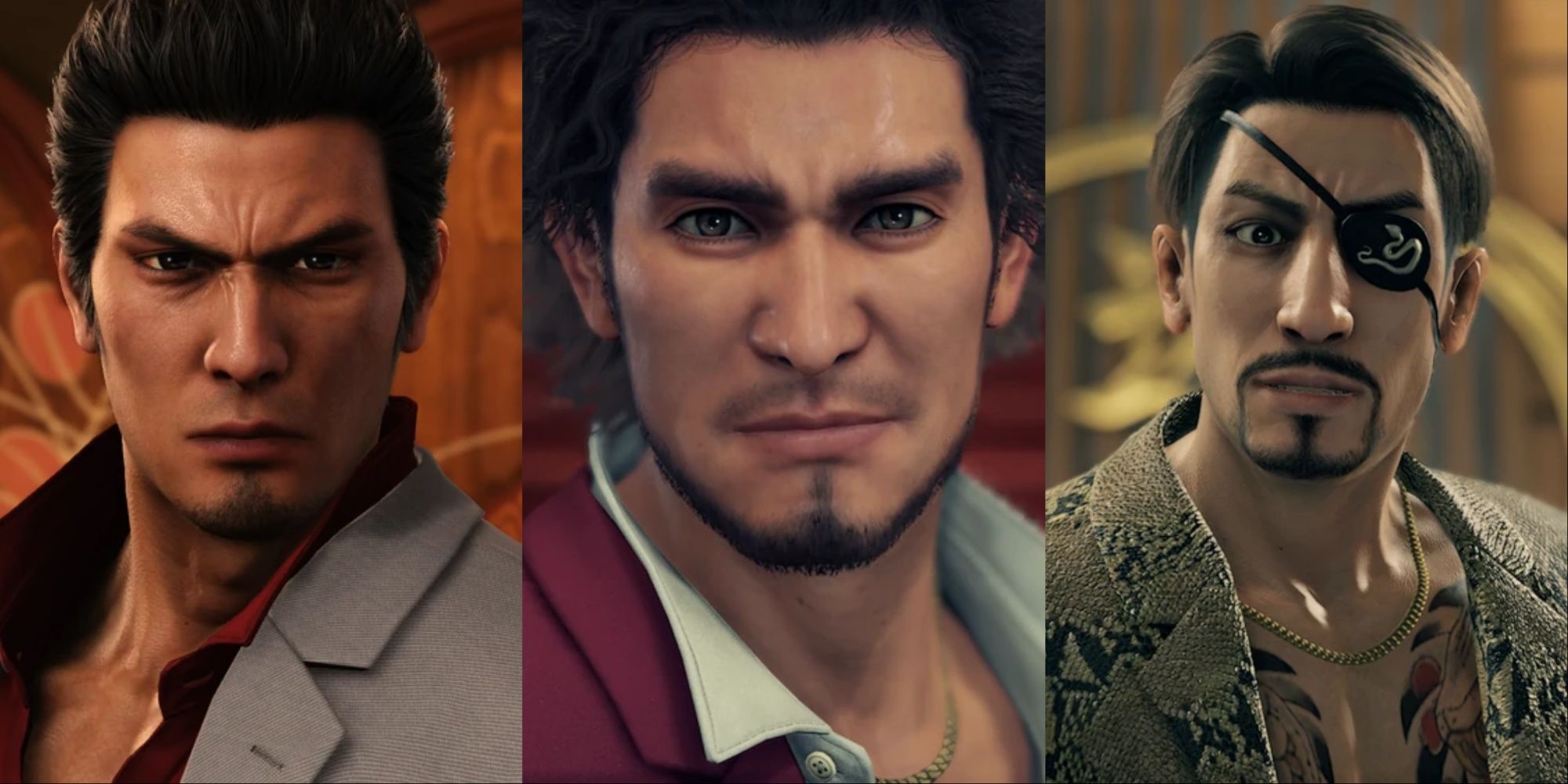 A collage of Kiryu, Ichiban and Majima from the Yakuza/Like A Dragon games looking toward the camera.