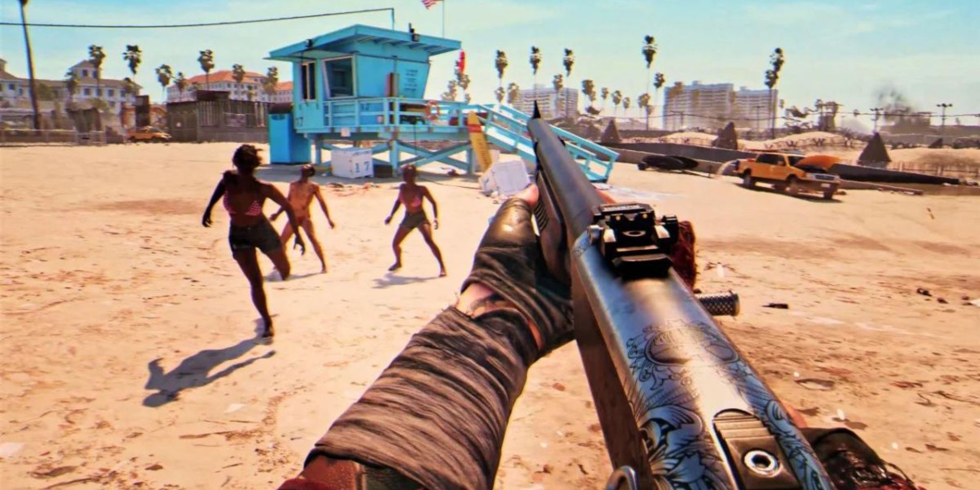 Dead Island 2 player holding a shotgun on the beach aiming at zombies.