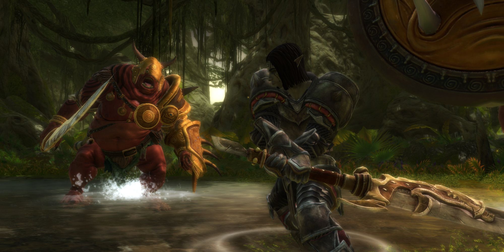 Kingdoms Of Amalur Reckoning screenshot of character swinging weapon at creature.