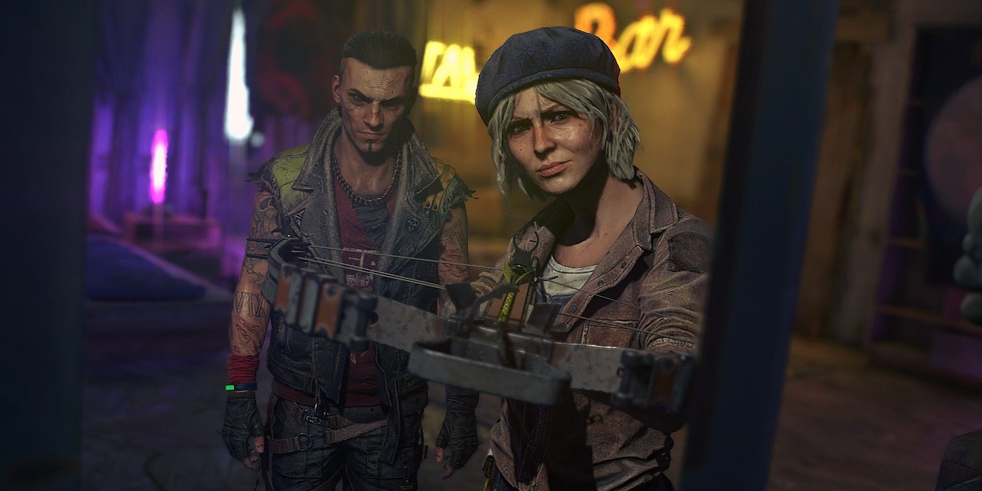 Two characters from Dying Light 2, looking directly into camera. One of them is holding a crossbow.