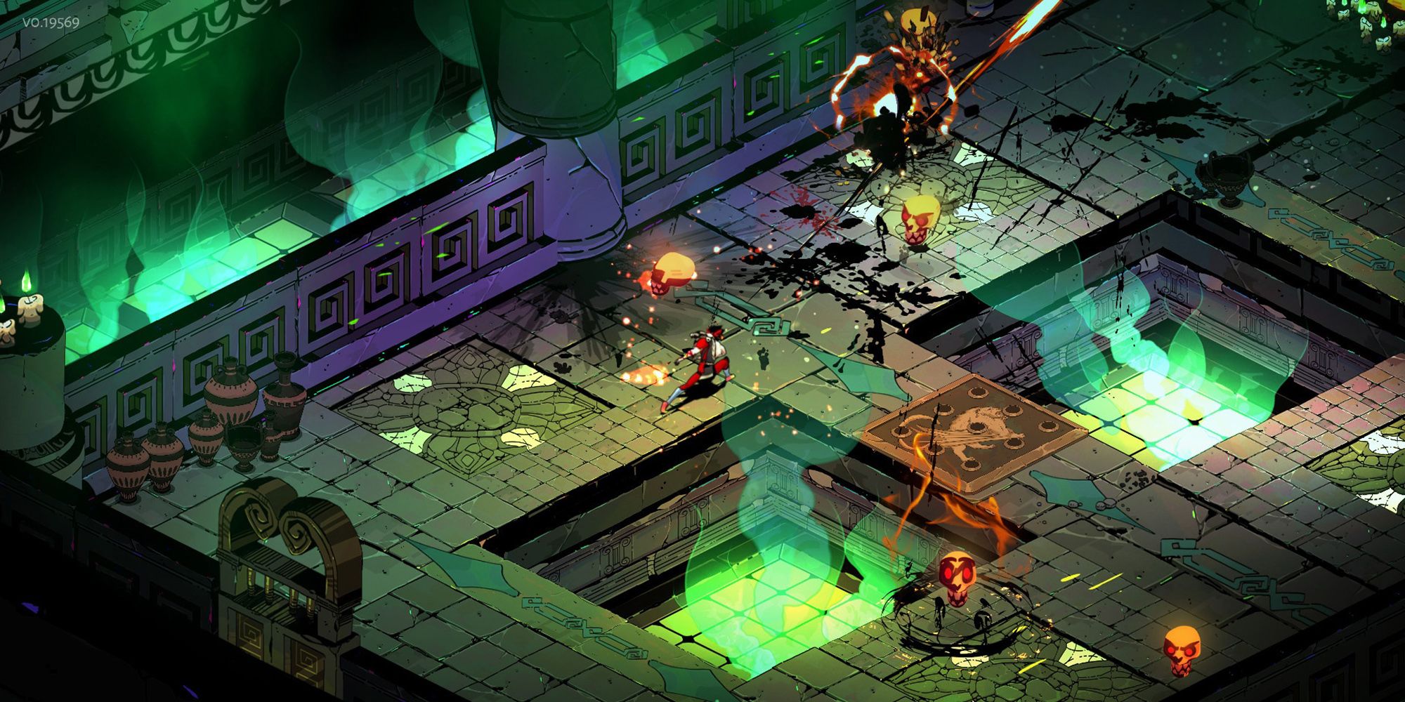 Hades screenshot of Zagreus throwing a spear at an enemy.