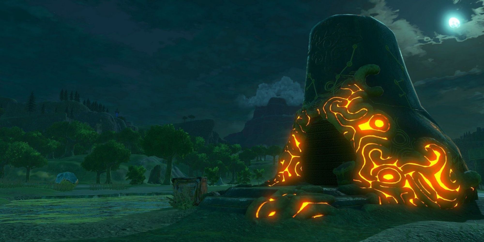 Legend of Zelda Breath of the wild screenshot of shrine during the night.