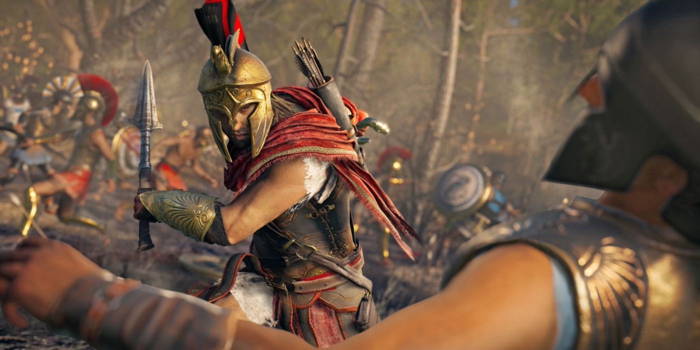 Alexios knocking over an enemy in a battlefield while wielding the spear of Leonidas in Assassin's Creed Odyssey.