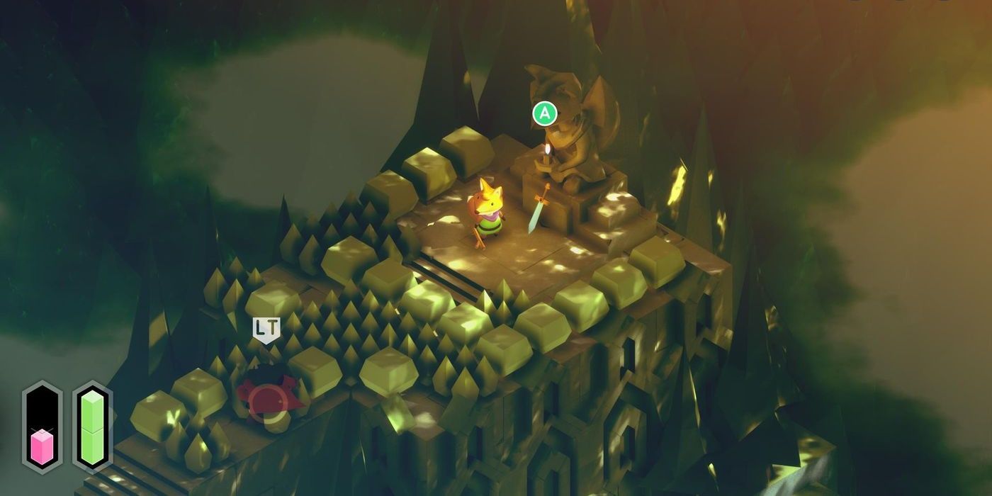 A screenshot showing the fox about to pick up the sword in Tunic.