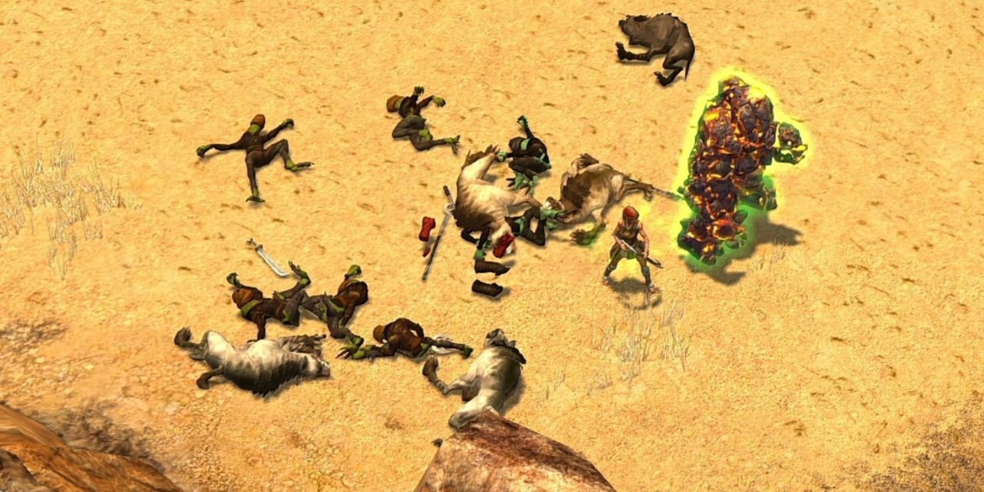 Titan Quest screenshot of a bunch of dead bodies and a few other characters.