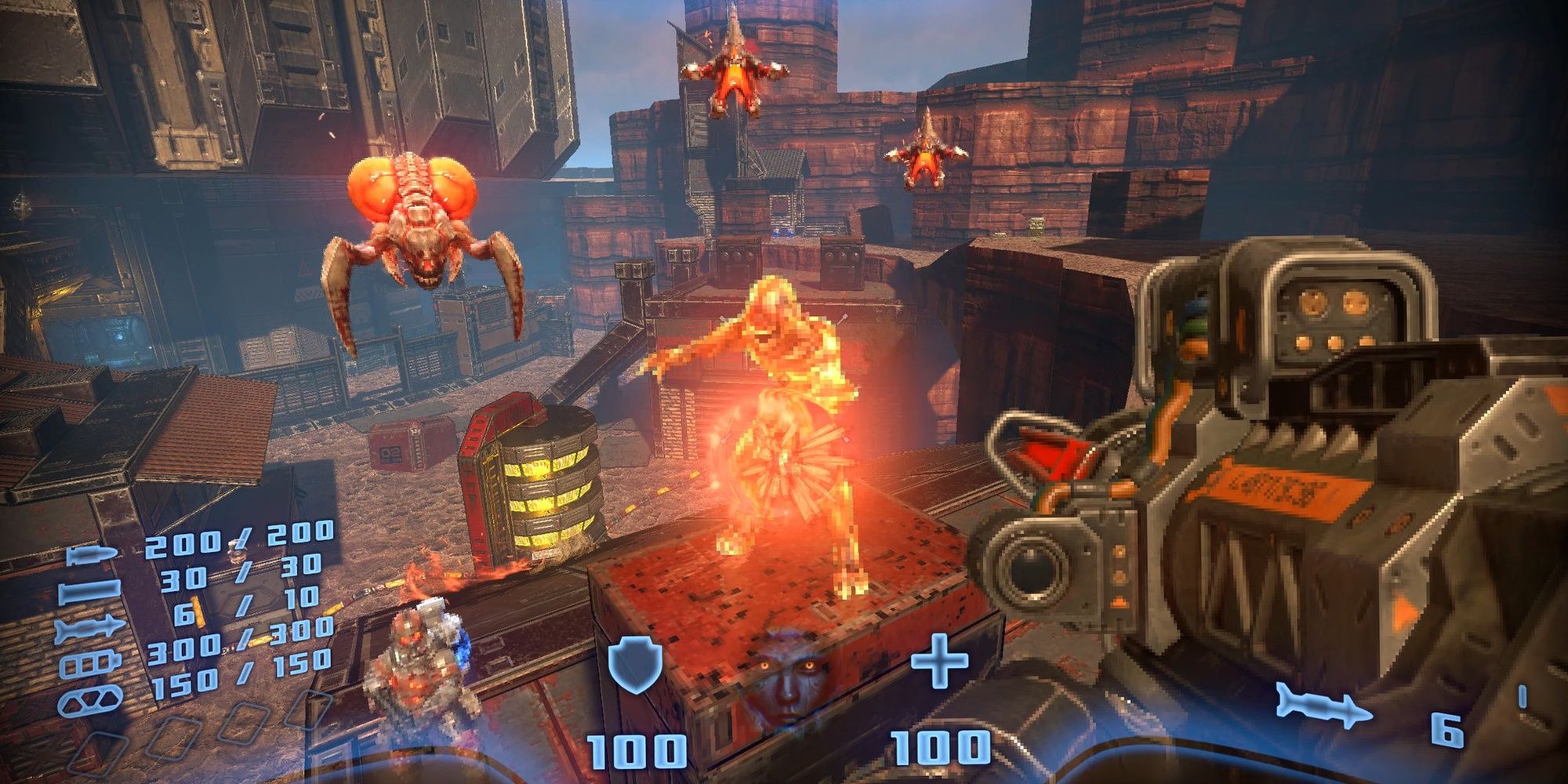 Swarms of monsters come at the player who is armed with a rocket launcher.