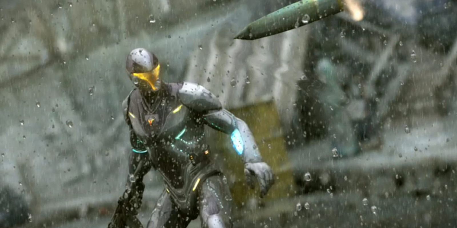 The character from Timeshift standing in the rain an object flying toward them