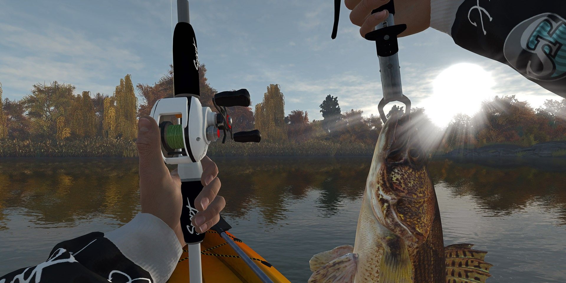 A screenshot of Fishing Planet, in which you see a first-person view of person on an orange boat holding a white fishing rod and a caught fish.