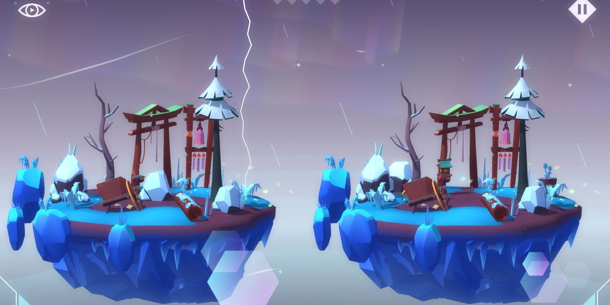 A screenshot of Hidden Lands, in which two floating islands are side by side with blue ice and white snow on them.