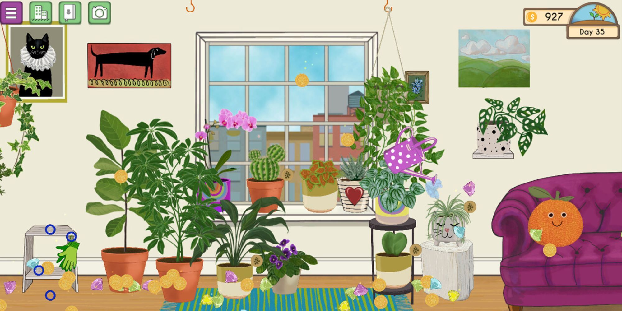 An apartment room with a big window filled with vibrant, potted plants from Plant Therapy.