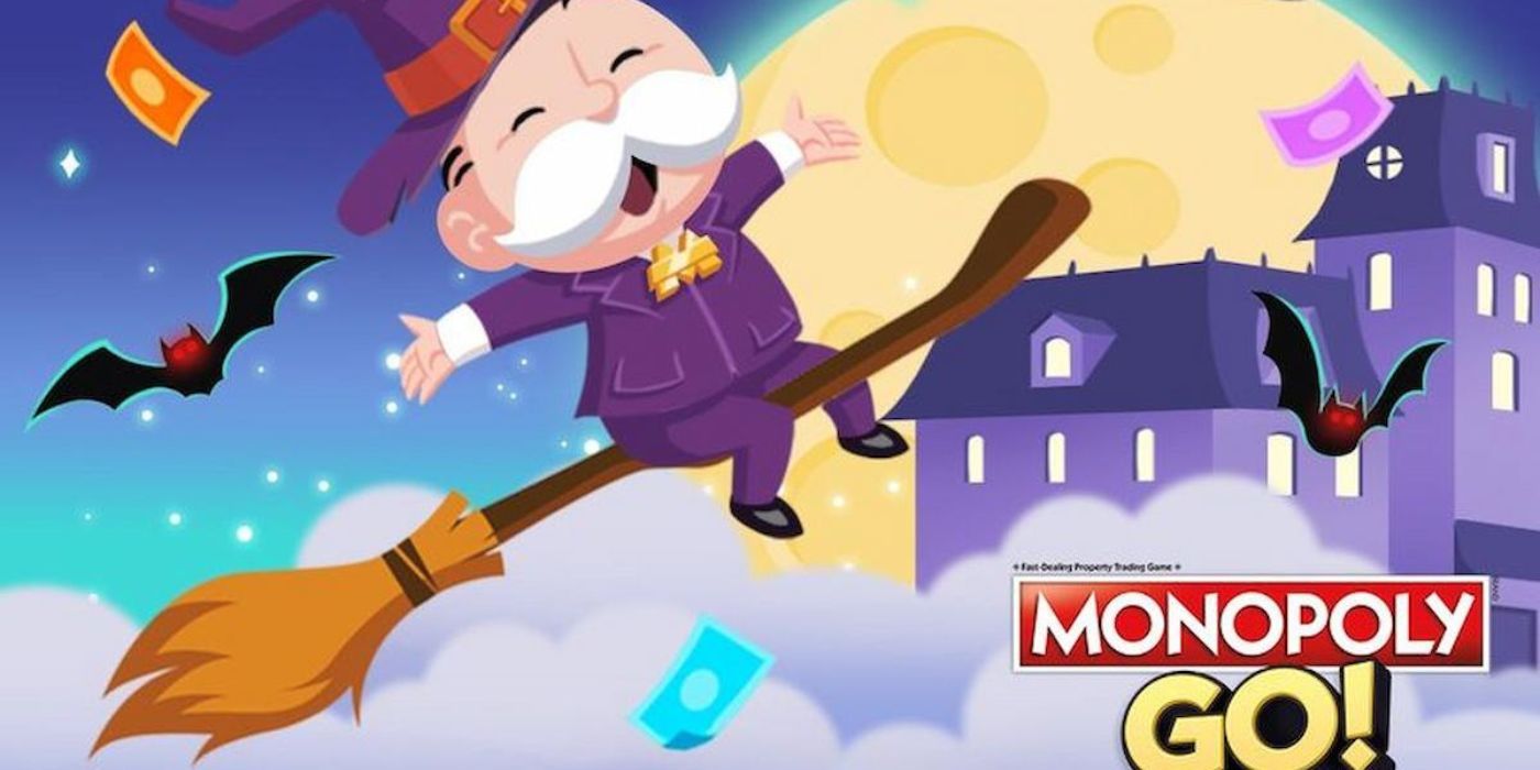 Milburn Pennybags sitting on a flying broom in Monopoly GO