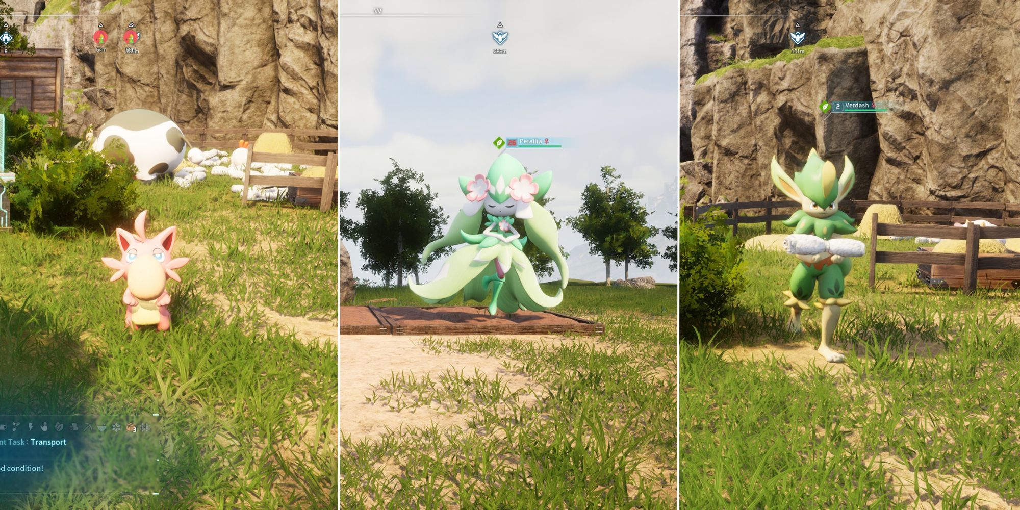 Palworld split image of Cattiva, Petallia, and Verdash working at a base