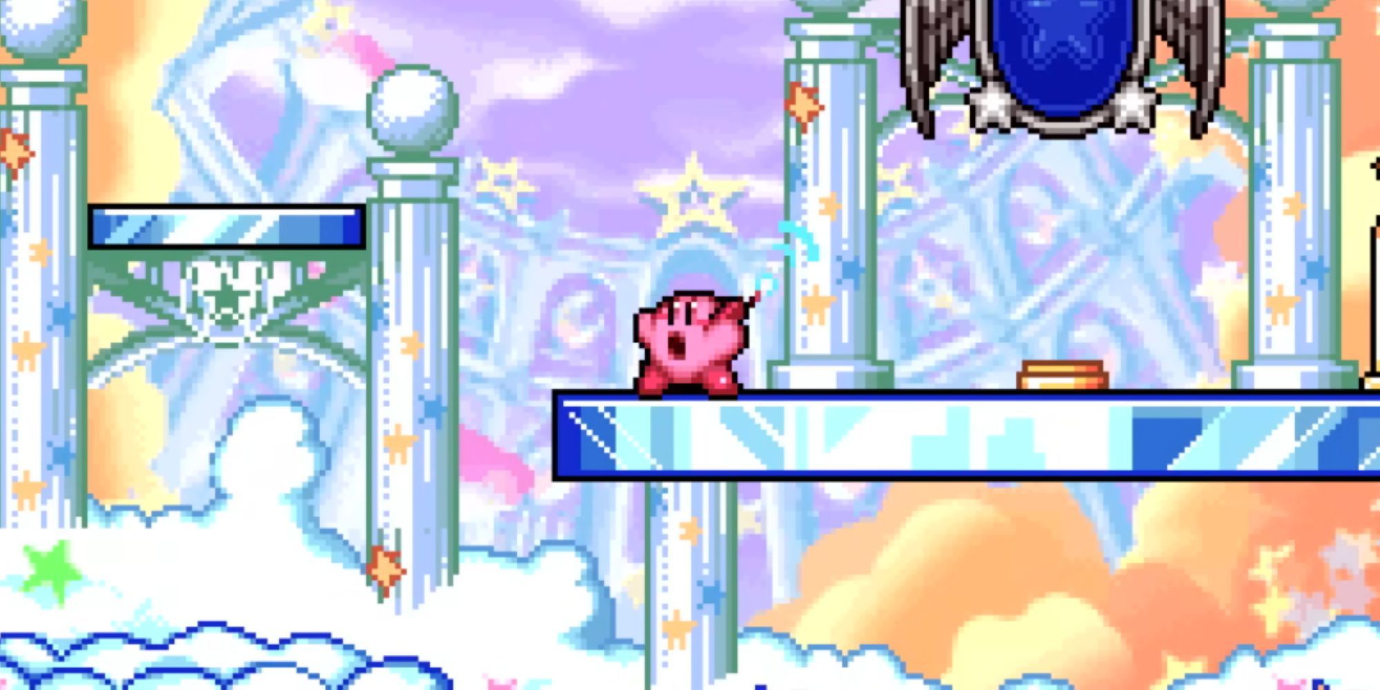 Kirby uses his Cellphone on a level in the clouds.