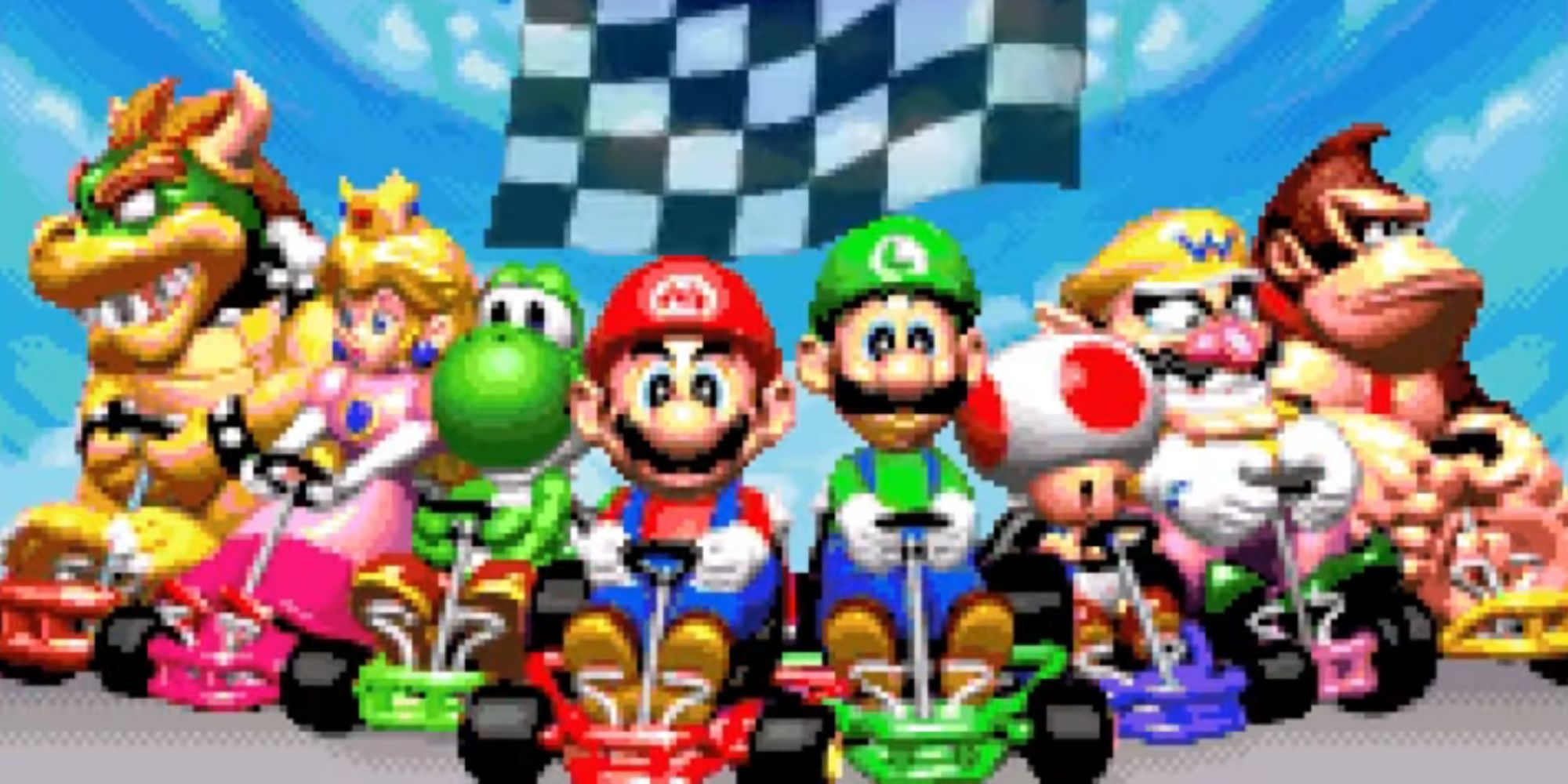 Bowser, Peach, Yoshi, Mario, Luigi, Toad, Wario, and Donkey Kong sit on karts under a checkered flag in Mario Kart Super Circuit.