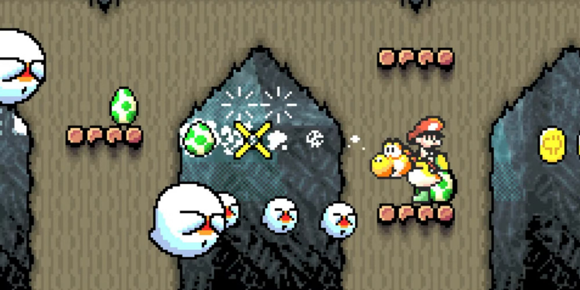 Yellow Yoshi throws an egg at a Boo.