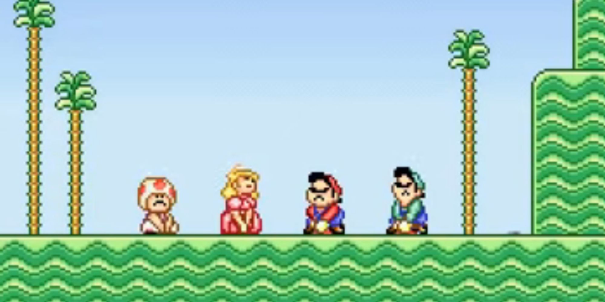 Toad, Peach, Mario, and Luigi try to pull something out of the ground.