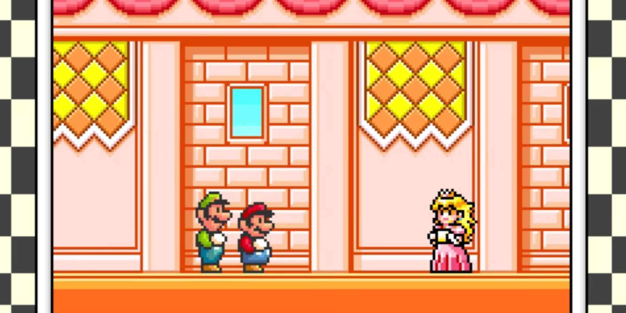 Peach reads a letter to Mario and Luigi in her castle in Super Mario Advance 4.