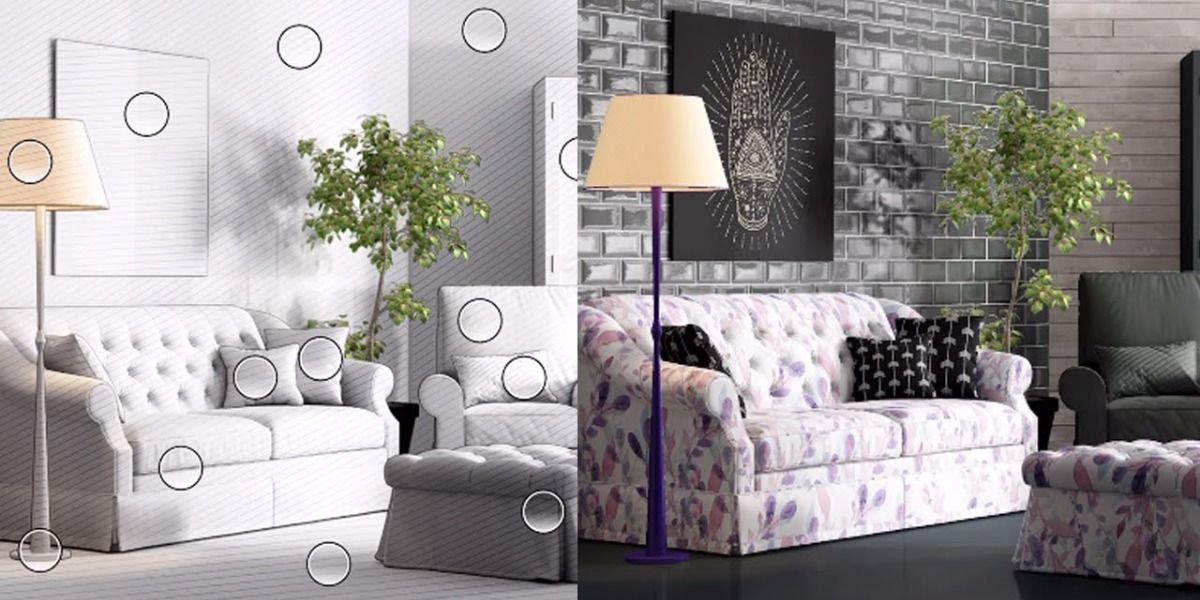 Redecor - Home Design Game collage showing Two images of a basic white room on the left and a revamped version of it with more colors and patterns on the right.