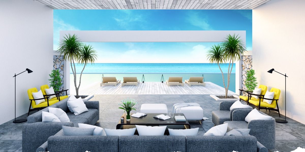 My Home Makeover - Design Your Dream House image showing Couches, chairs, and a coffee table decorated with palm trees with a view of the ocean.