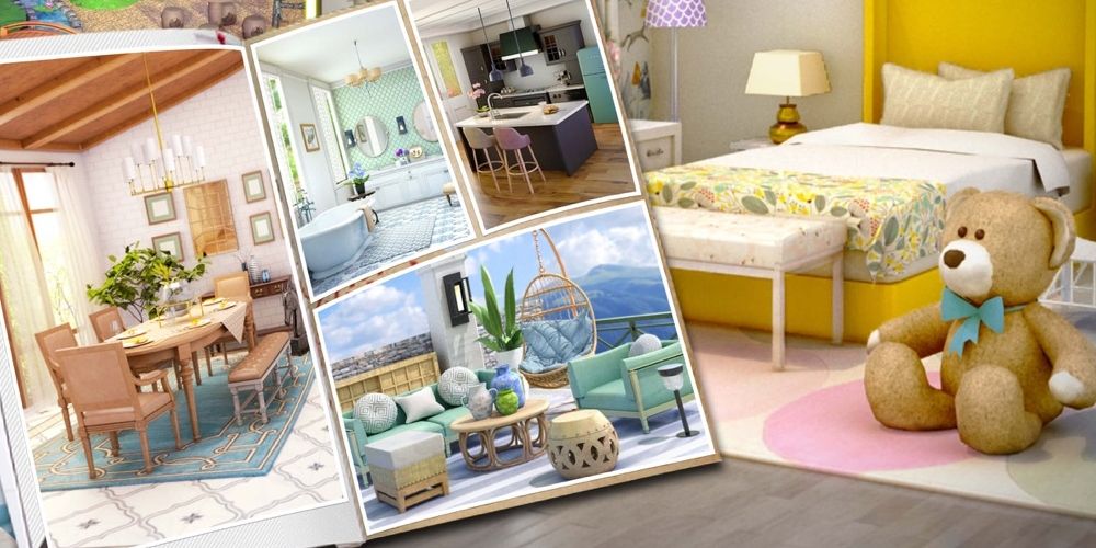 Home Dream: Word & Design Home image showing A bedroom with a big teddy bear in the corner facing a catalog of different room styles