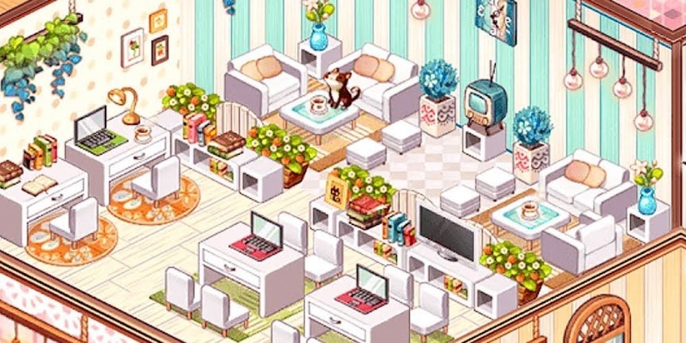 Kawaii Home Design image showing Various desks and chairs in a room decorated with plants and books.