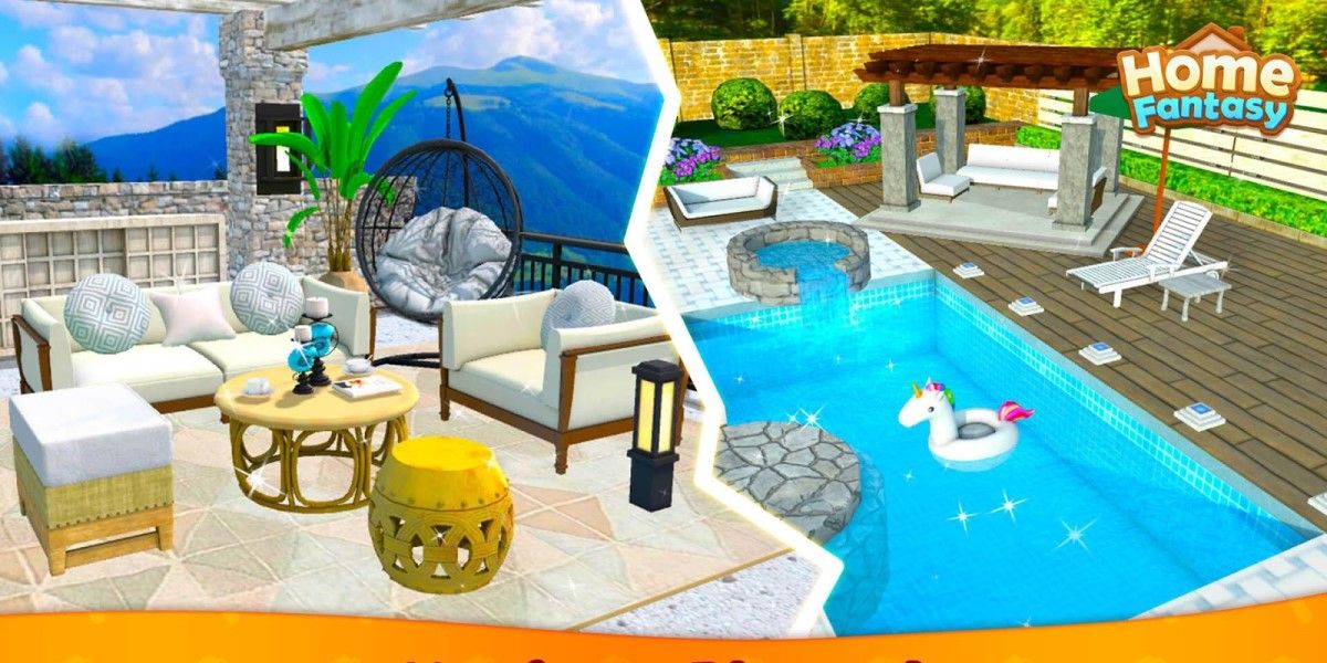 Home Fantasy: Home Design collague showing Two images showing furniture by the pool in two completely different styles.