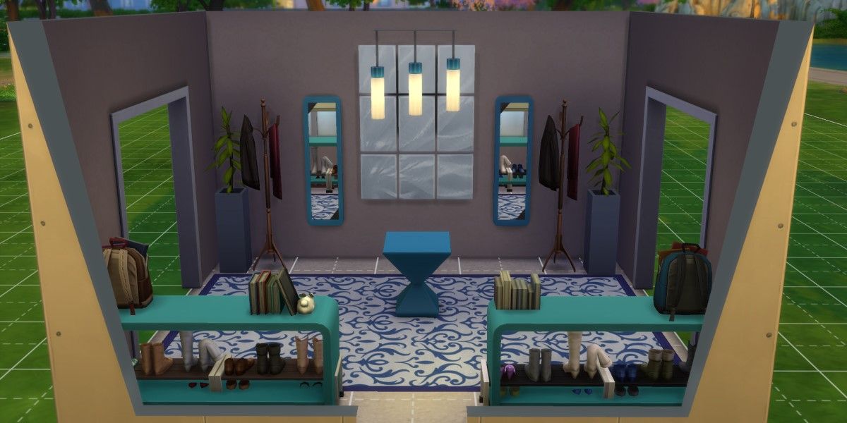 The interior of a house in The Sims 4 showing decor involving bookshelves, coat racks, windows, and flourescent lighting.